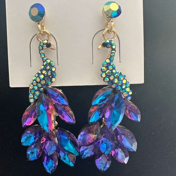 Peacock rhinestone dangle statement earrings, New! - Picture 9 of 14